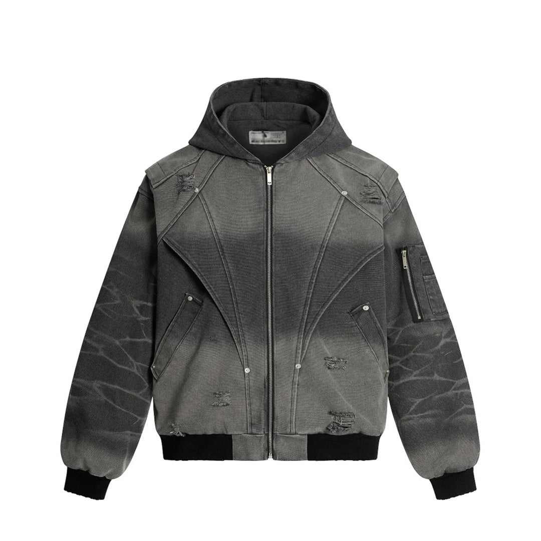 Veste À Capuche Conçue Avec Poches Zippées Et Panneaux Contrastants Avec Détails Usés Sur Corps Et Manches