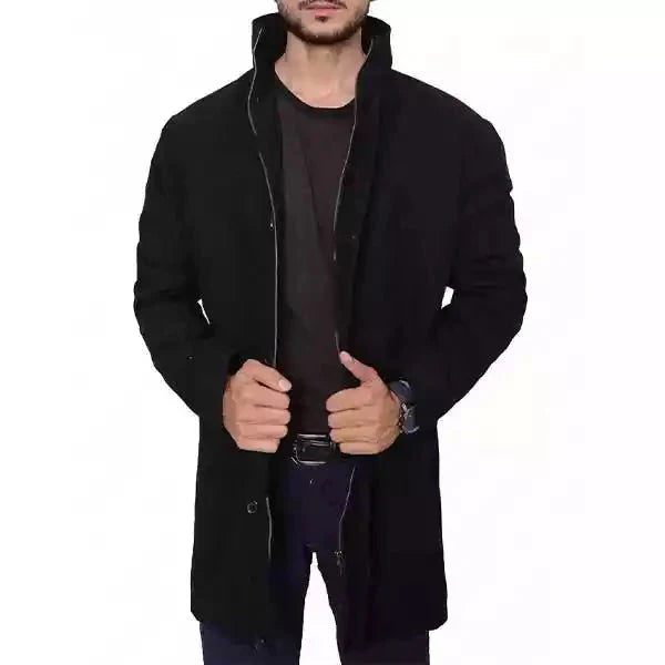 Manteau En Laine Noire Pour Homme Amawinc Col Debout Boutons Devant Pour Hiver Élégant Et Chaud