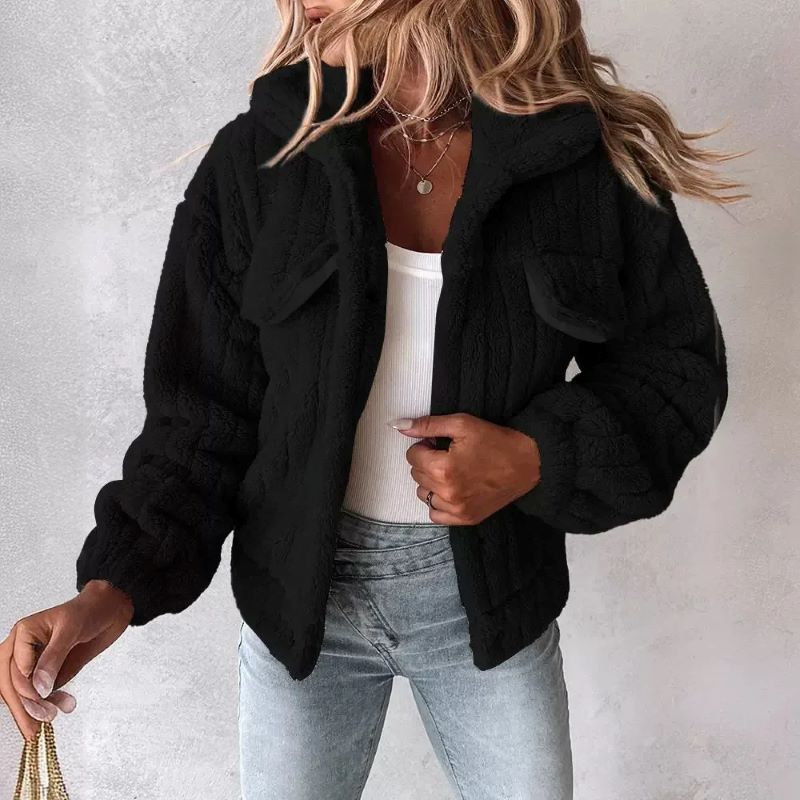 Veste Trucker Court en Fourrure Synthétique Maille Côtelée Col Rabattable Ample Poches Oversize