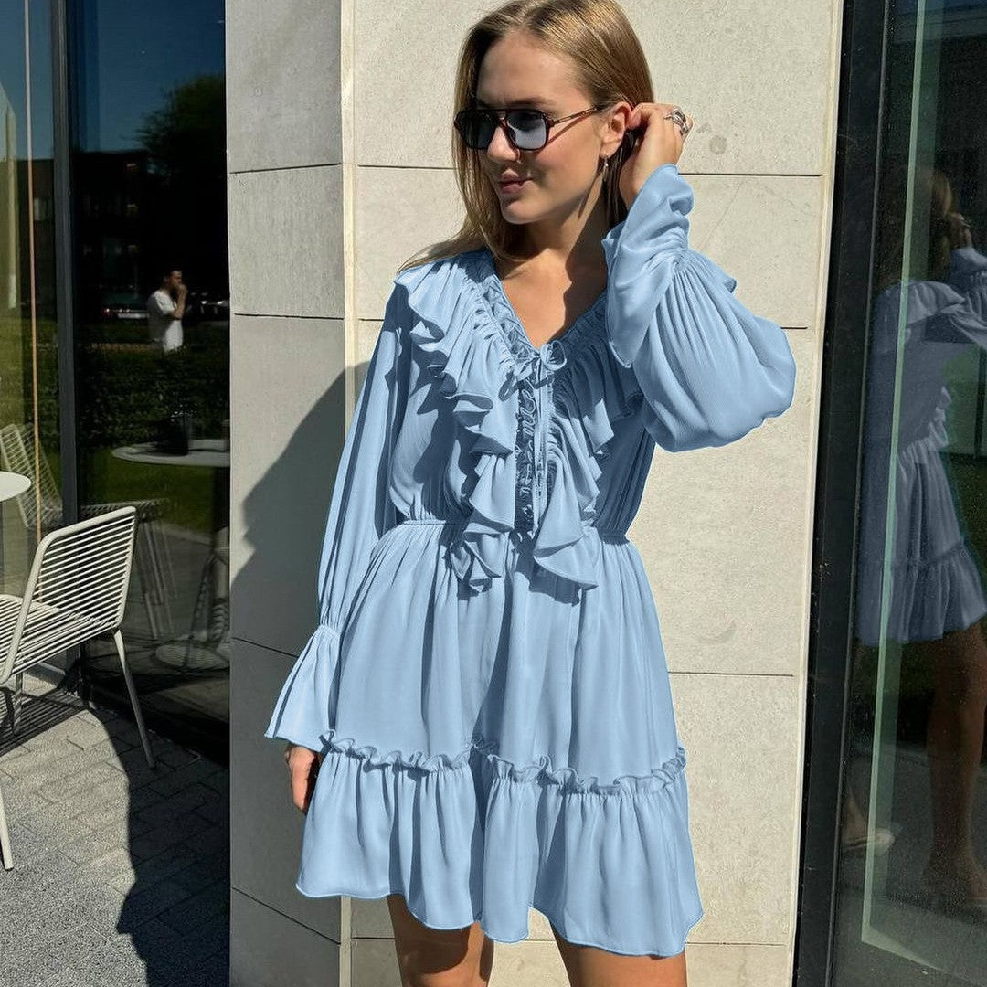 Robe Femme Amawinc Col V À Volants Manches Longues Coupe Aline Élégante Jour Soirée