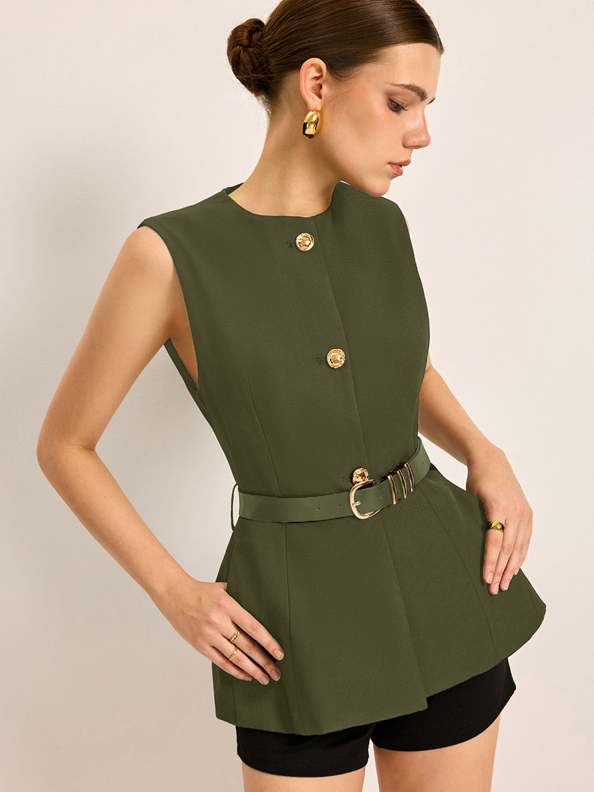 Top Sans Manches En Polyester Avec Poches Et Ceinture, Col Rond, Longueur Regular, Coupe Regular