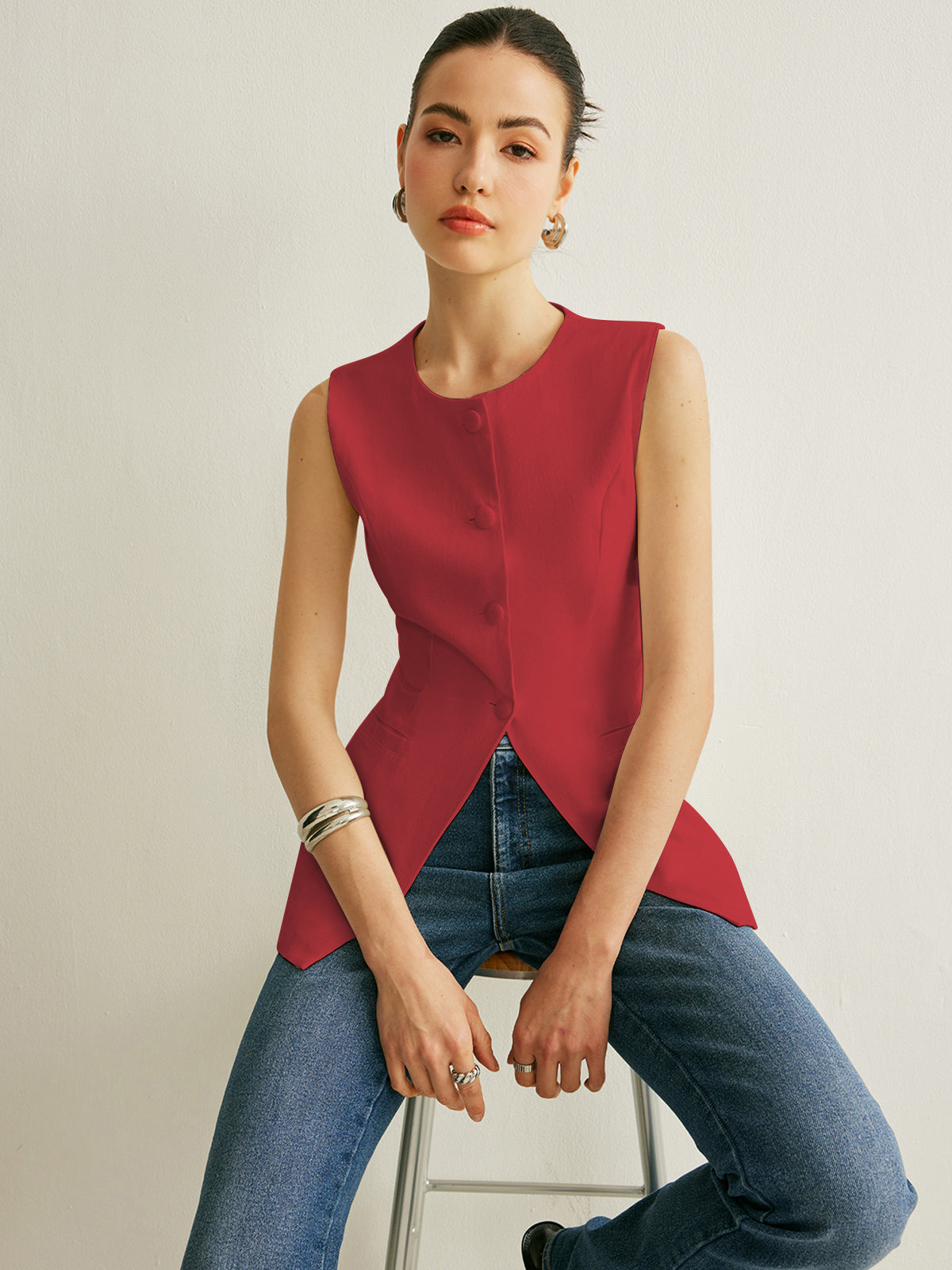 Gilet Sans Manches À Boutons Décontracté En Polyester Pour Travail Et Loisirs Avec Coupe Classique