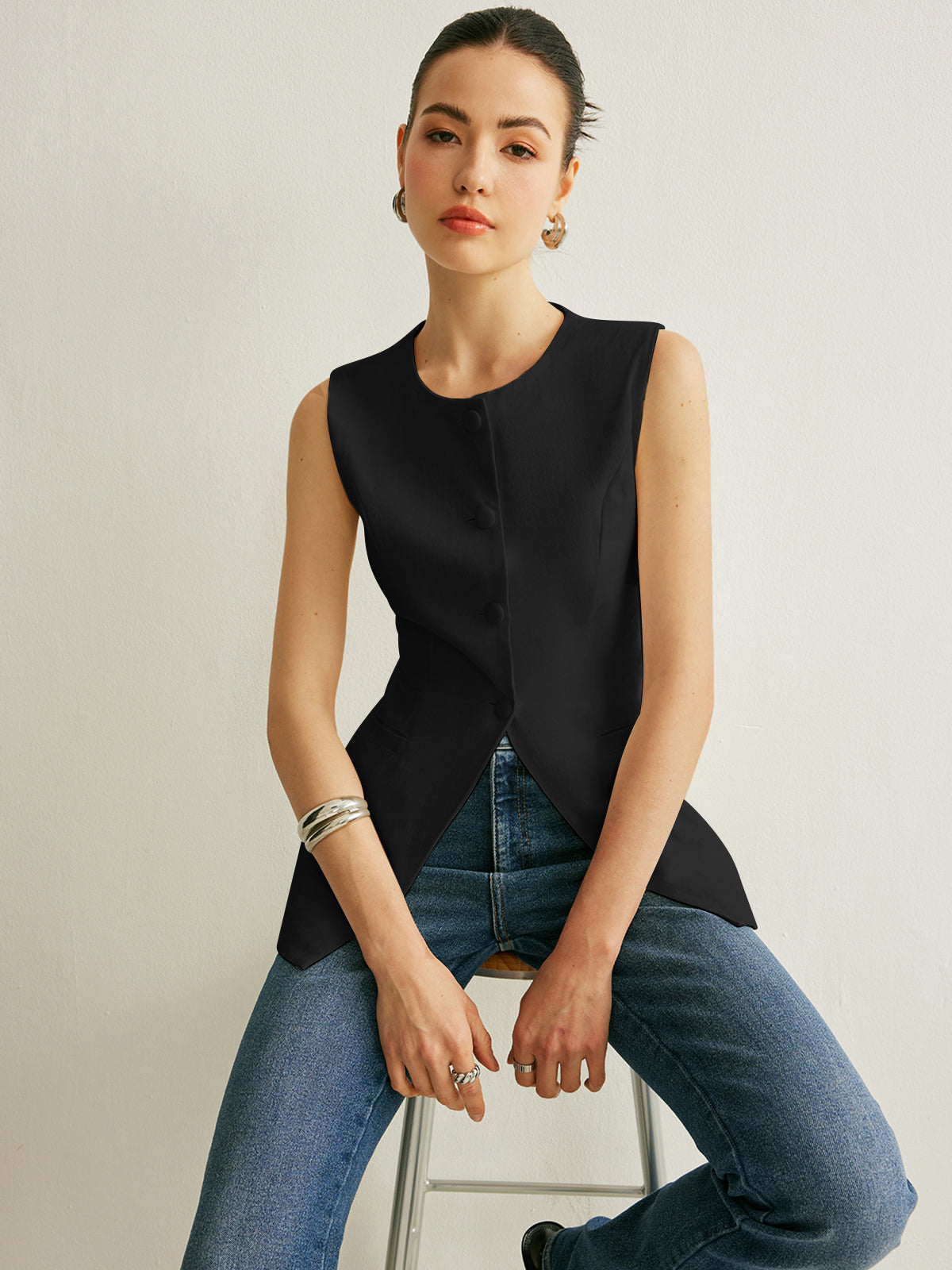 Gilet Sans Manches À Boutons Décontracté En Polyester Pour Travail Et Loisirs Avec Coupe Classique