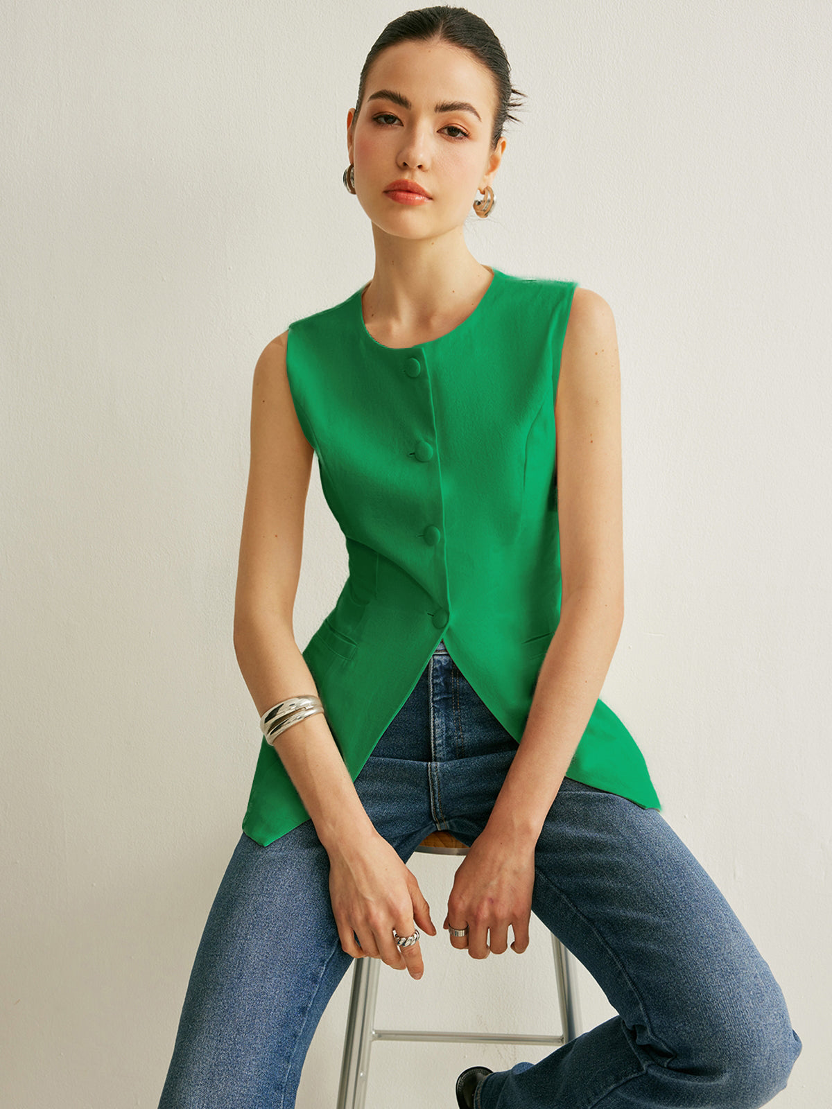 Gilet Sans Manches À Boutons Décontracté En Polyester Pour Travail Et Loisirs Avec Coupe Classique
