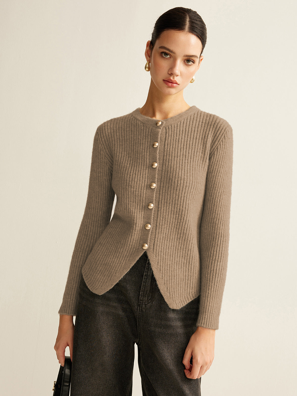 Cardigan Boutonné À Fente Maille Élégante Pour Le Travail Mélange Polyester Coton Coupe Regular
