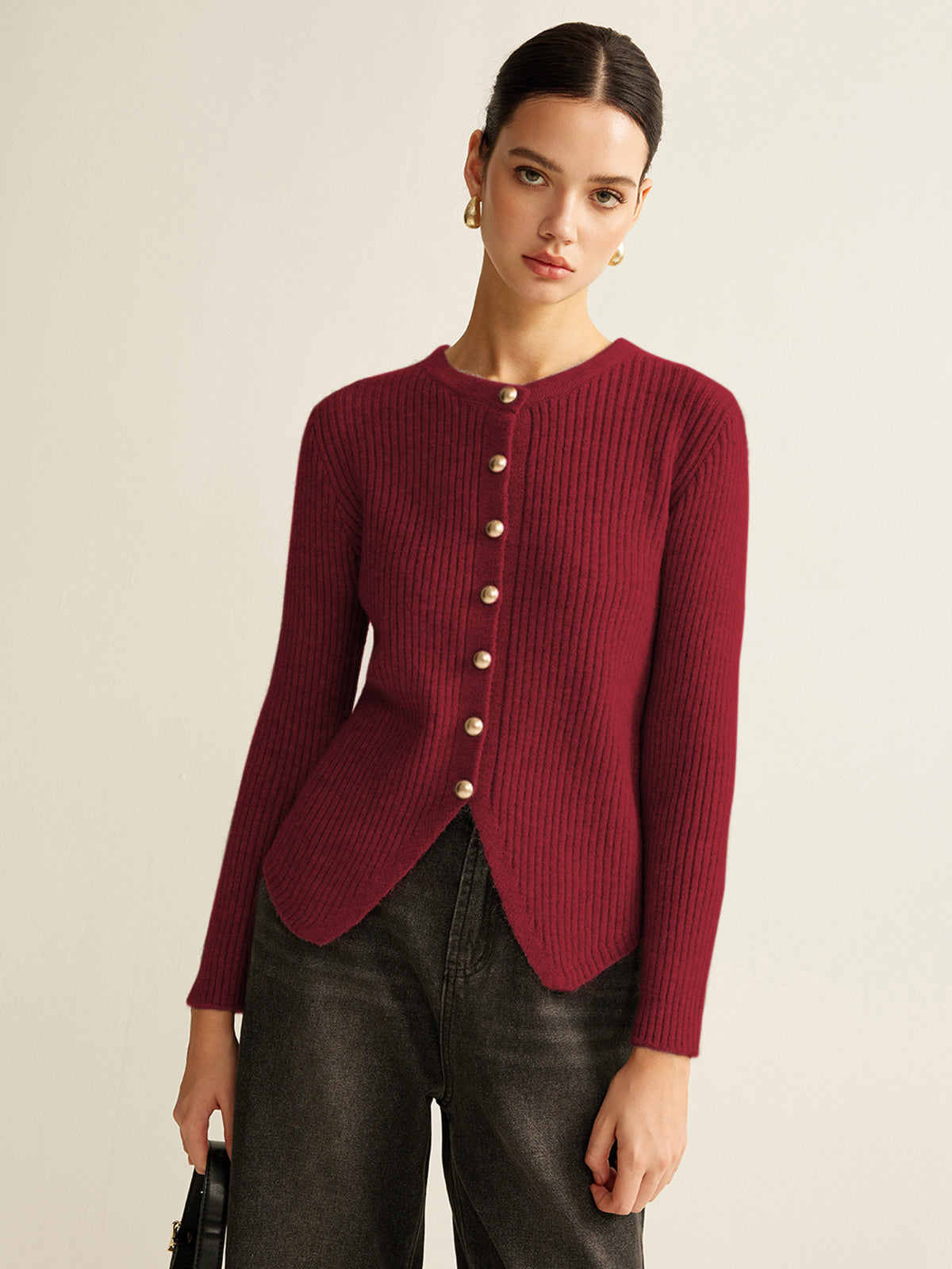 Cardigan Boutonné À Fente Maille Élégante Pour Le Travail Mélange Polyester Coton Coupe Regular
