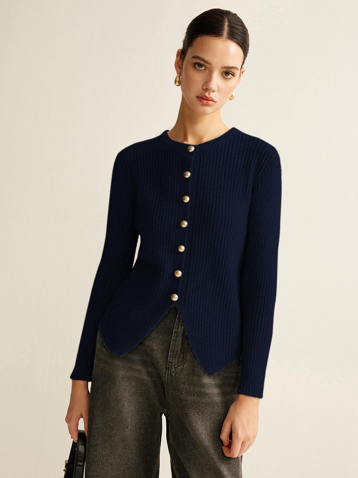 Cardigan Boutonné À Fente Maille Élégante Pour Le Travail Mélange Polyester Coton Coupe Regular