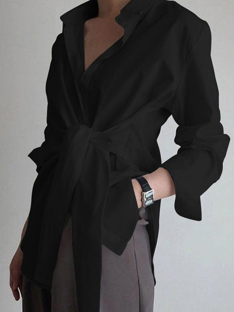Chemise Longue Boutonnée À Nouer Col Classique Décontractée Pour Loisirs Vacances Manches Longues Polyester Coupe Droite