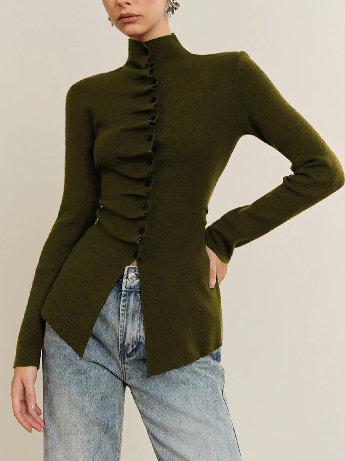 Top Tricot Plissé Boutonné À Fente Manches Longues Pour Femme Décontracté Élégant Pour Travail Vacances Mariage