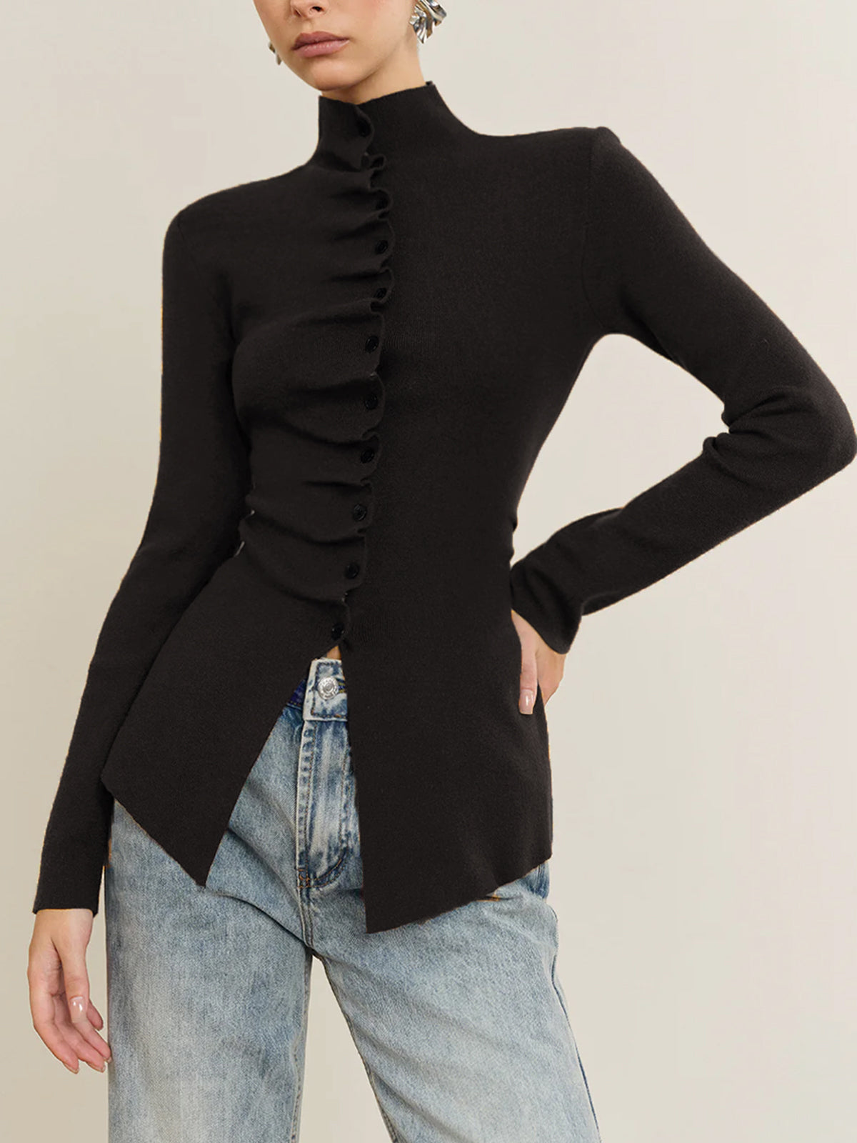 Top Tricot Plissé Boutonné À Fente Manches Longues Pour Femme Décontracté Élégant Pour Travail Vacances Mariage