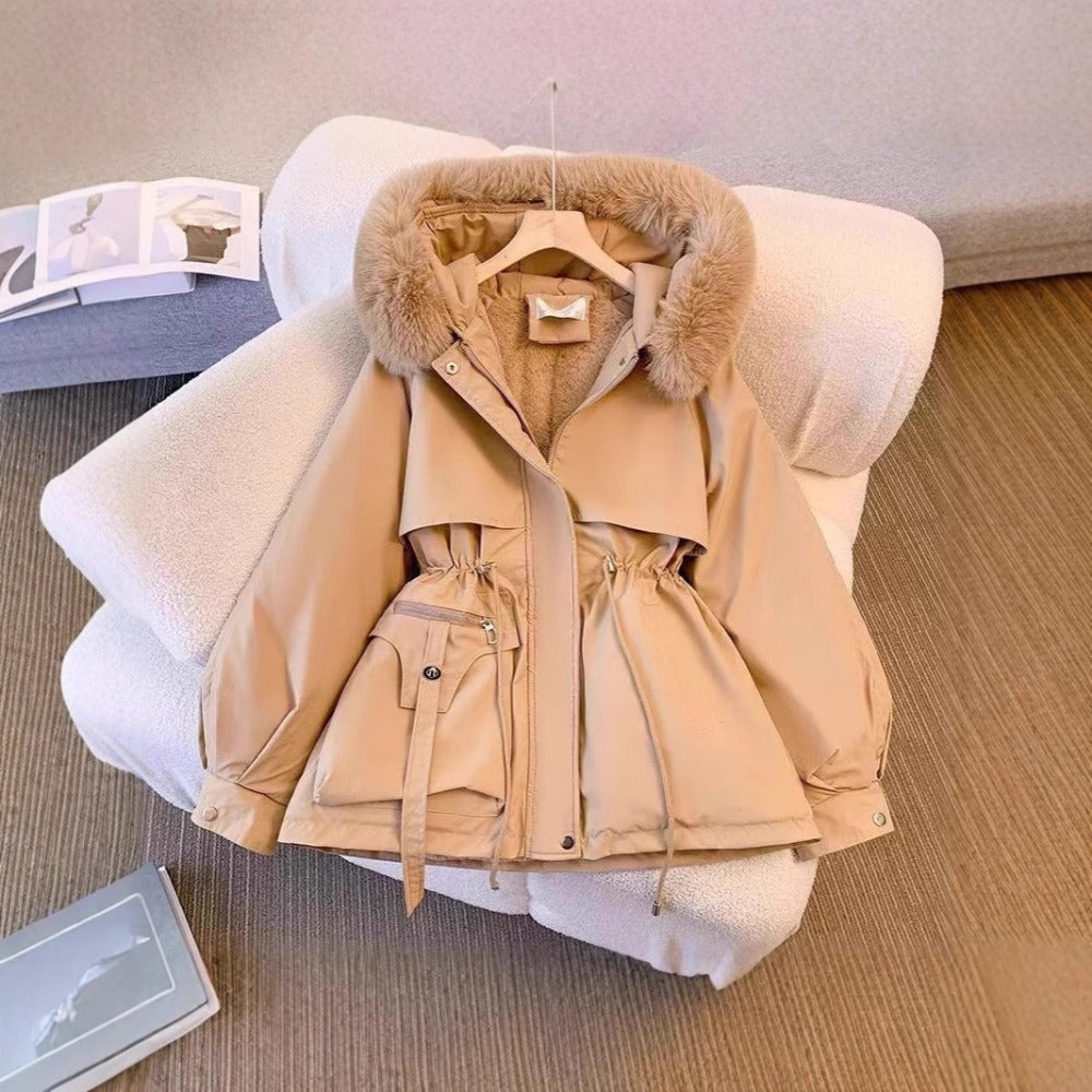Amawinc Alice Manteau Hiver Femme En Fourrure Synthétique Confortable Capuche Amovible Taille Ajustable Style Chic