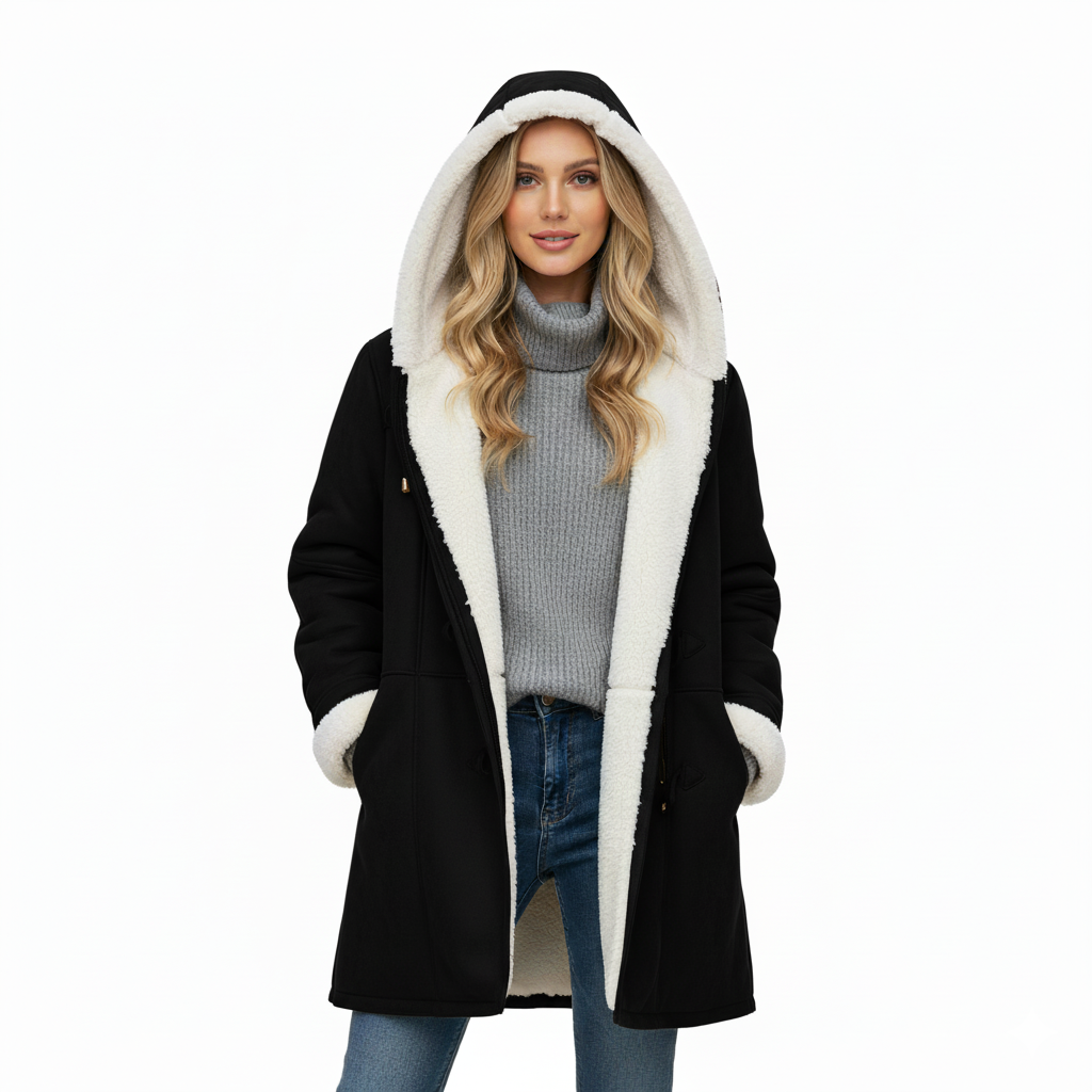 Manteau Capuche Confort Femme Chaud Mi Long Avec Doublure Peluche Et Fermeture À Bascule