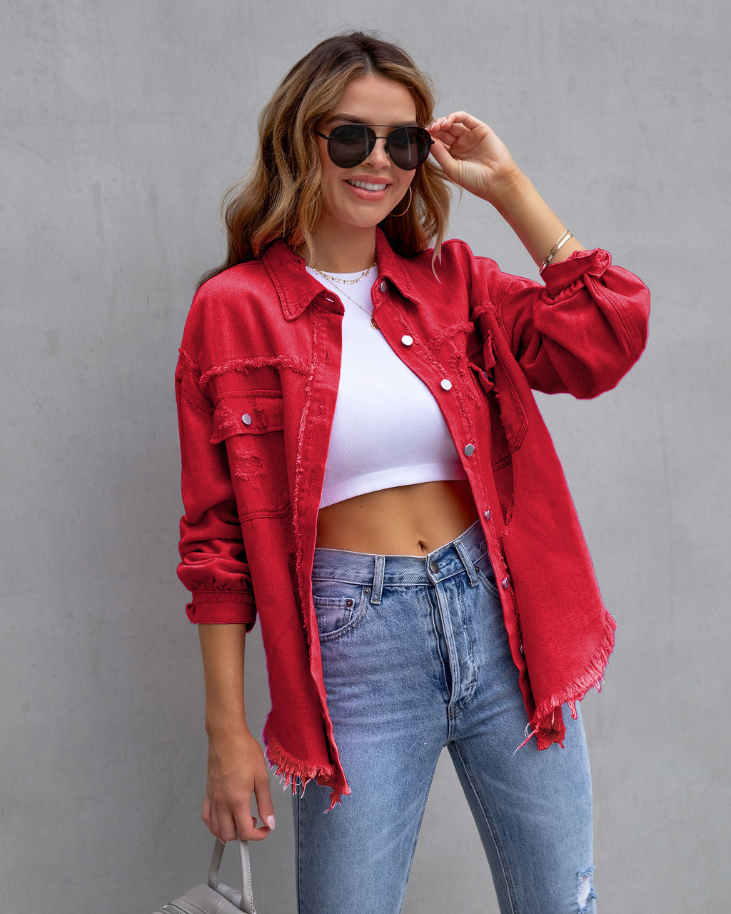 Leyna Veste Chemise Amawinc Femmes Style Urbain Confort Détails Déchirés Automne Printemps