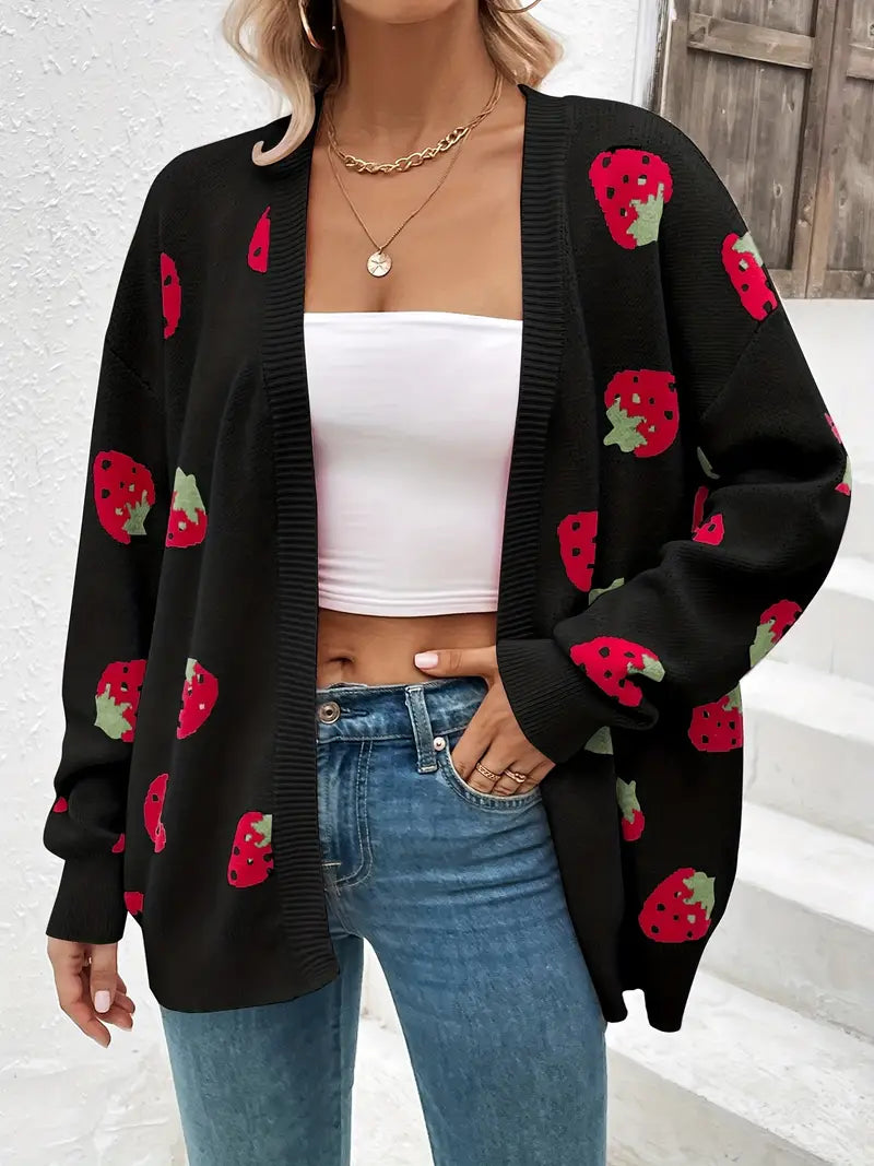 Cardigan Femme Oversize En Maille Douce Avec Ouverture Sans Bouton Motif Fraise Amusant