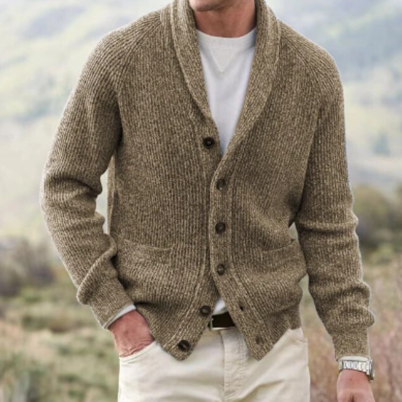 Cardigan Homme Col Châle Boutonné En Maille Avec Poches Frontales Pour Look Décontracté Et Raffiné