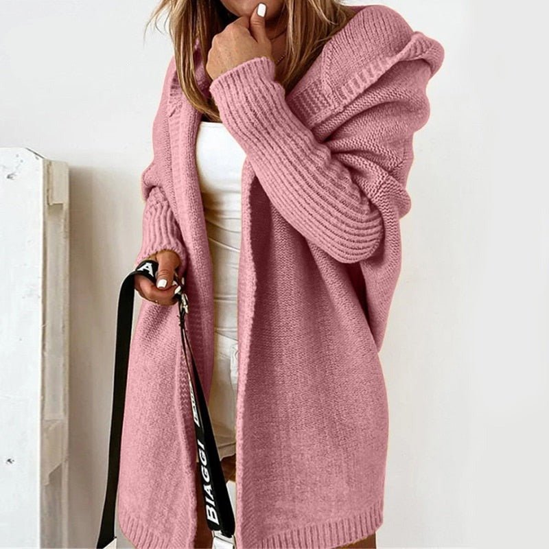 Cardigan Tricoté Pour Femme Oversize Avec Capuche Longue Ouvert À L Avant Mélange Laine Épais