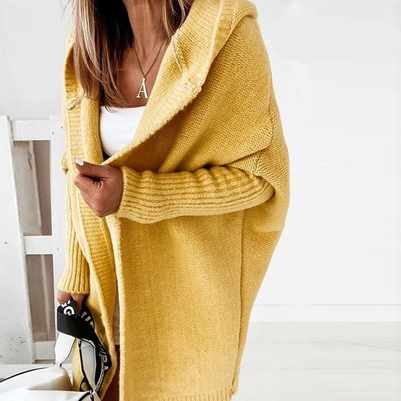 Cardigan Tricoté Pour Femme Oversize Avec Capuche Longue Ouvert À L Avant Mélange Laine Épais
