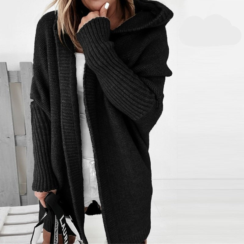 Cardigan Tricoté Pour Femme Oversize Avec Capuche Longue Ouvert À L Avant Mélange Laine Épais