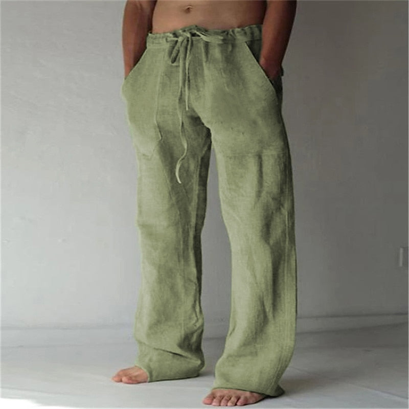Pantalon Pour Homme En Lin Respirant Léger À Cordon Coupe Ample Décontracté Été Style Décontracté