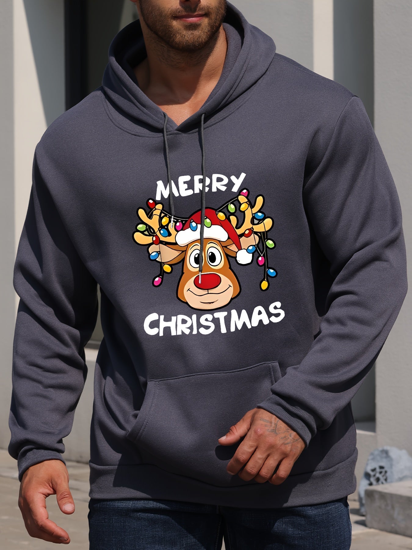 Amawinc | Weihnachtskapuzenpullover mit Rentierdruck Polyester Frohe Weihnachten Design