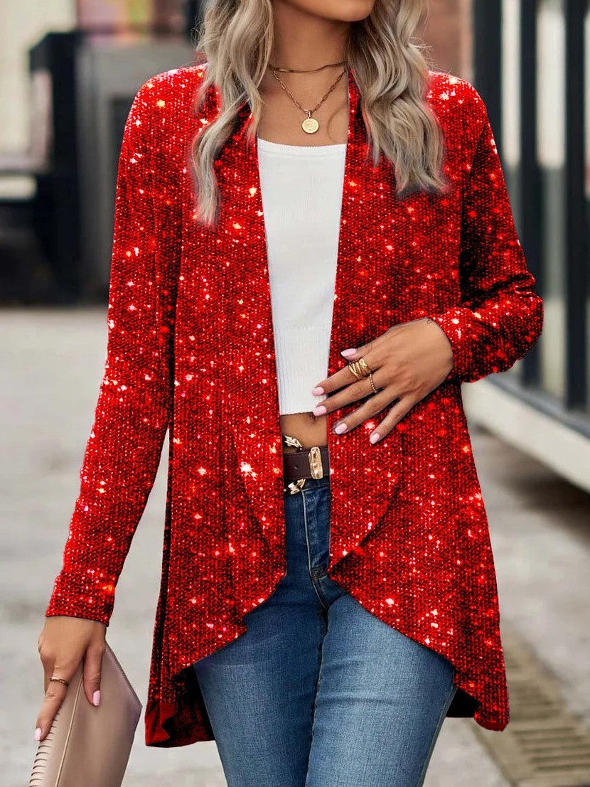 Cardigan Femme Coupe Décontractée En Maille Douce Ouverture Devant Avec Paillettes Et Ourlet Asymétrique