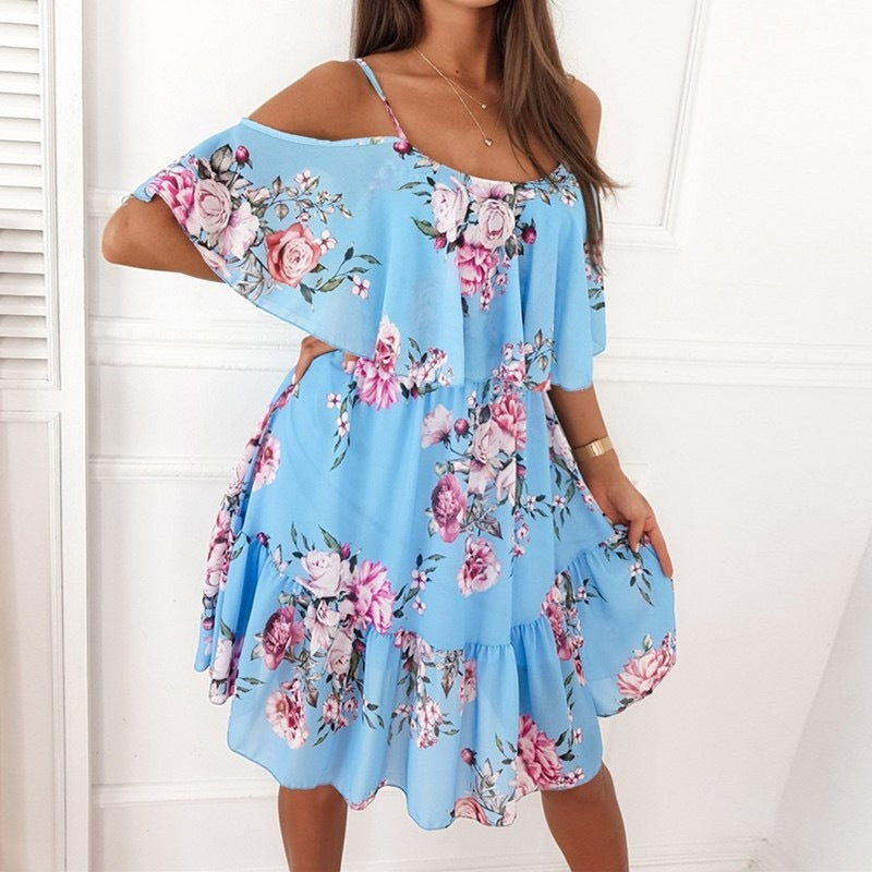 Damenkleid mit Blumenmuster, Rüschen und schulterfreiem Design von Fudus