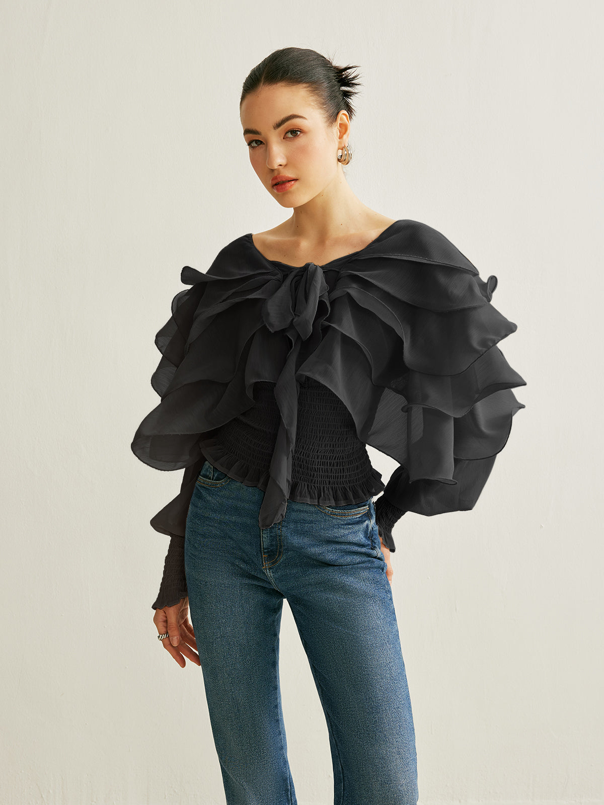 Top Chiffon Dos Nu À Volants Décolleté En V Avec Noeud Manches Longues Élégant Pour Loisirs Mariage Vacances Fête