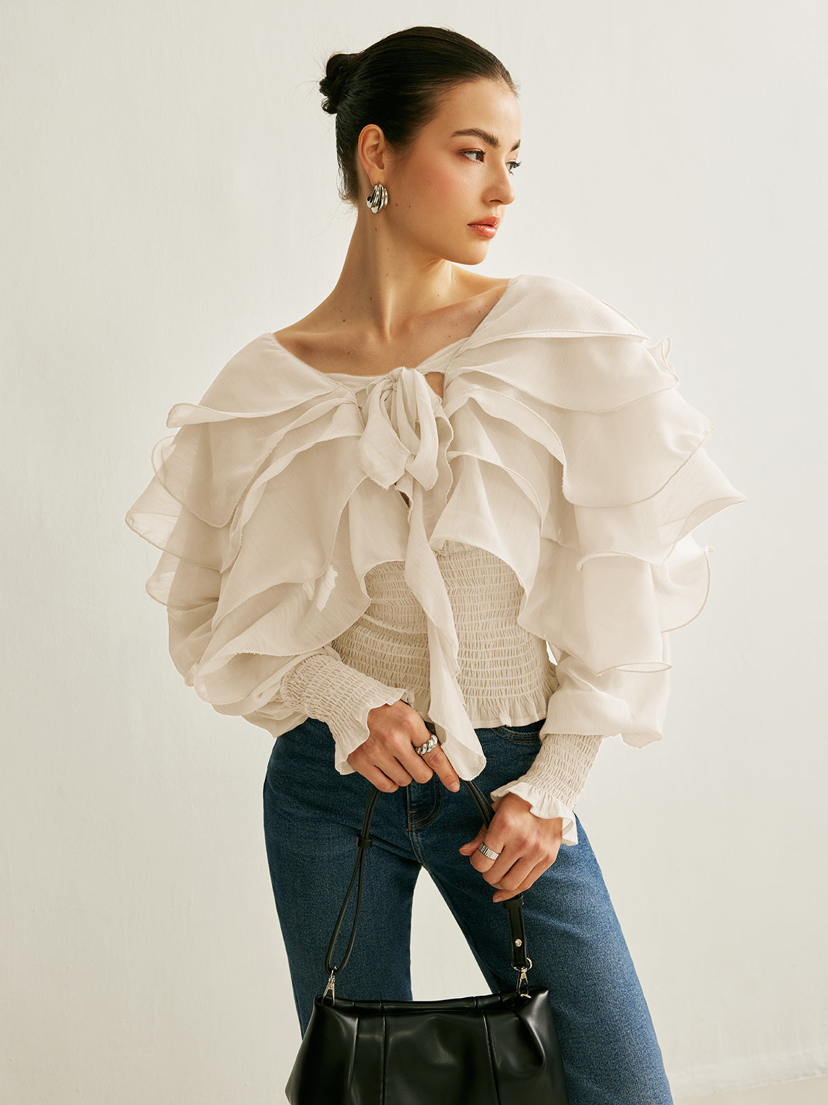 Top Chiffon Dos Nu À Volants Décolleté En V Avec Noeud Manches Longues Élégant Pour Loisirs Mariage Vacances Fête
