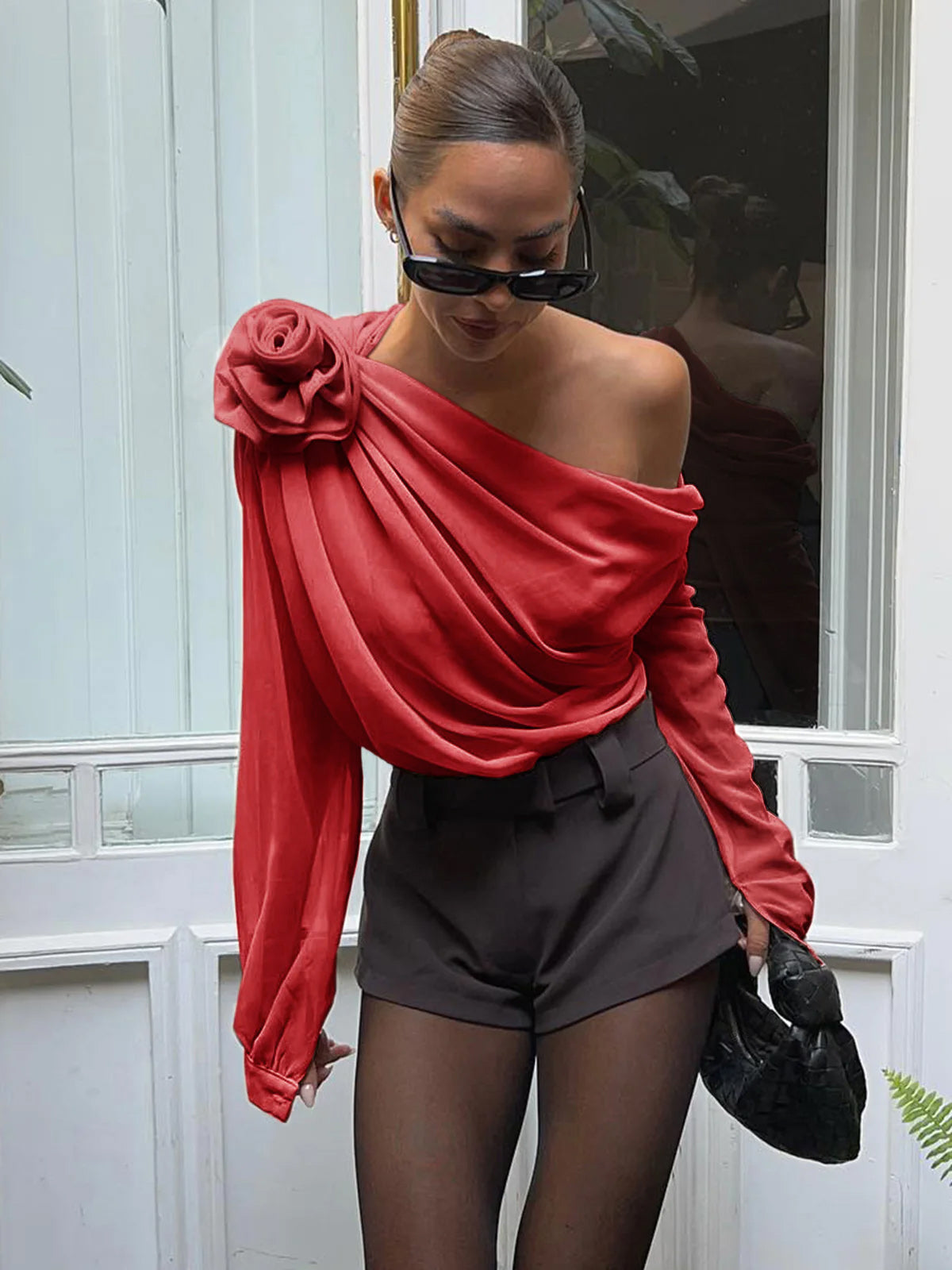 Blouse En Chiffon Semitransparente À Une Épaule Asymétrique Manches Longues Pour Vacances