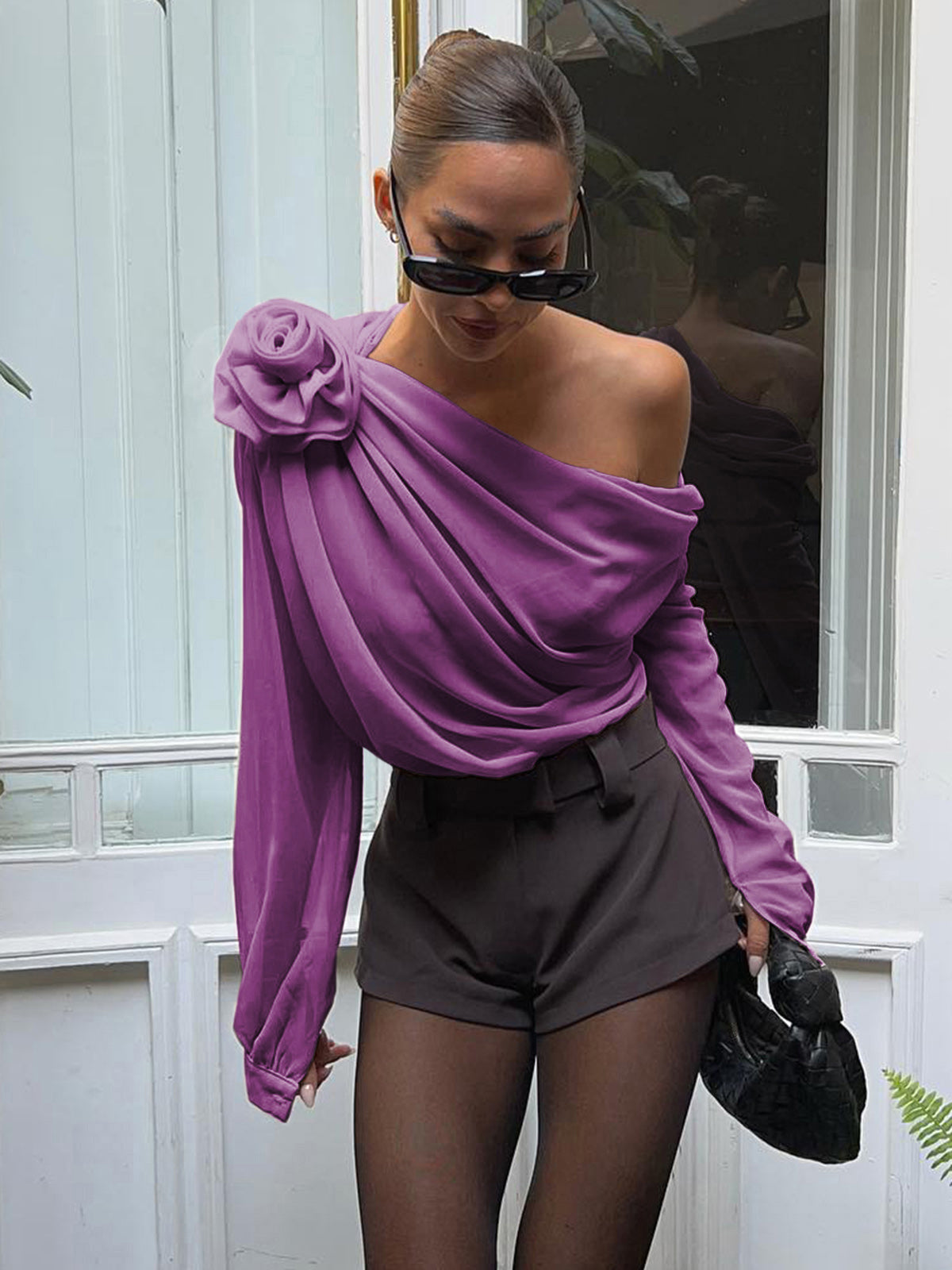 Blouse En Chiffon Semitransparente À Une Épaule Asymétrique Manches Longues Pour Vacances