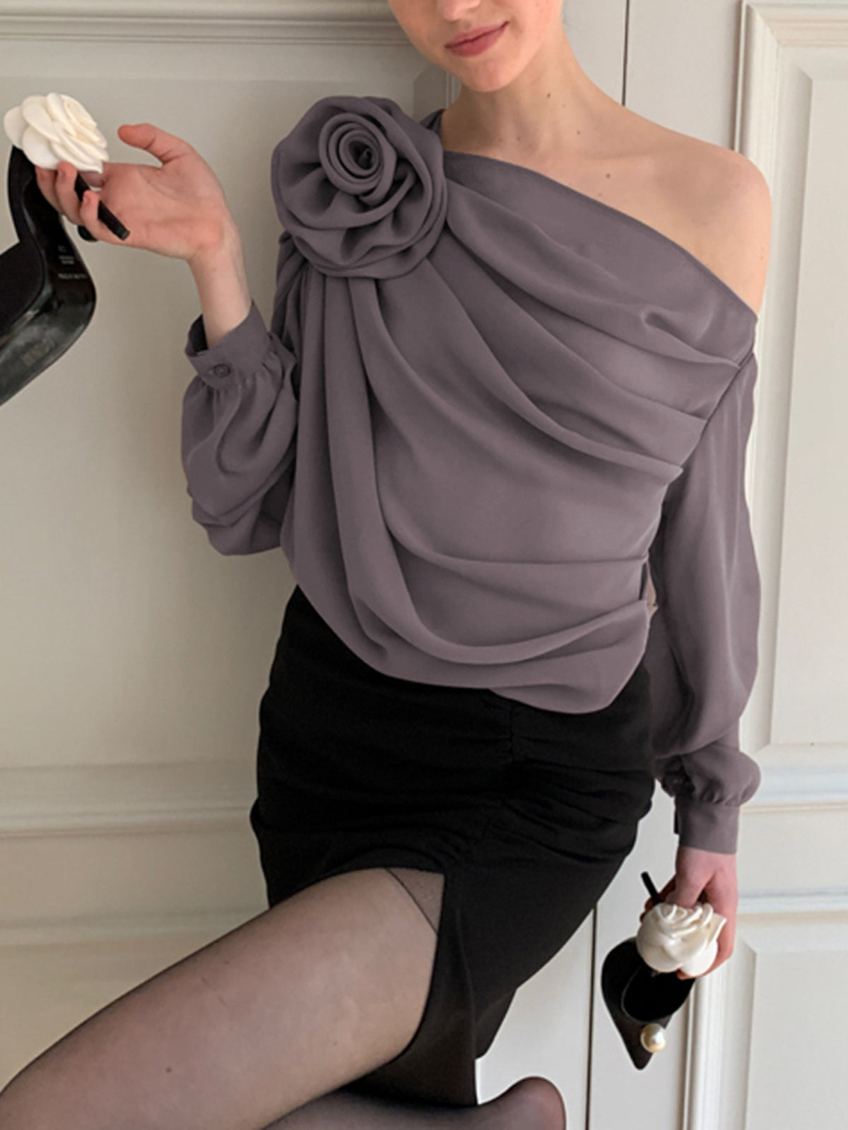 Blouse En Chiffon Semitransparente À Une Épaule Asymétrique Manches Longues Pour Vacances