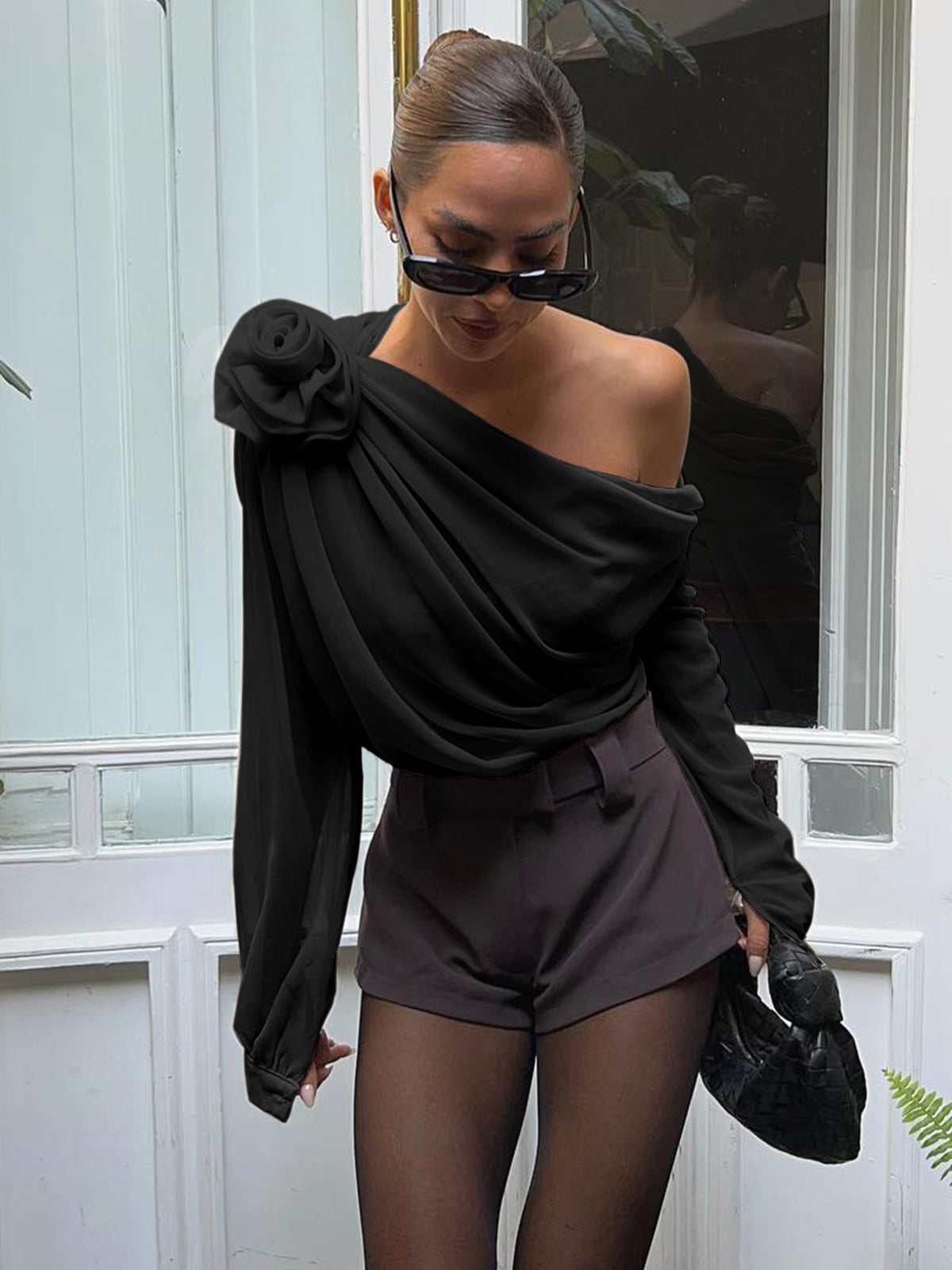 Blouse En Chiffon Semitransparente À Une Épaule Asymétrique Manches Longues Pour Vacances