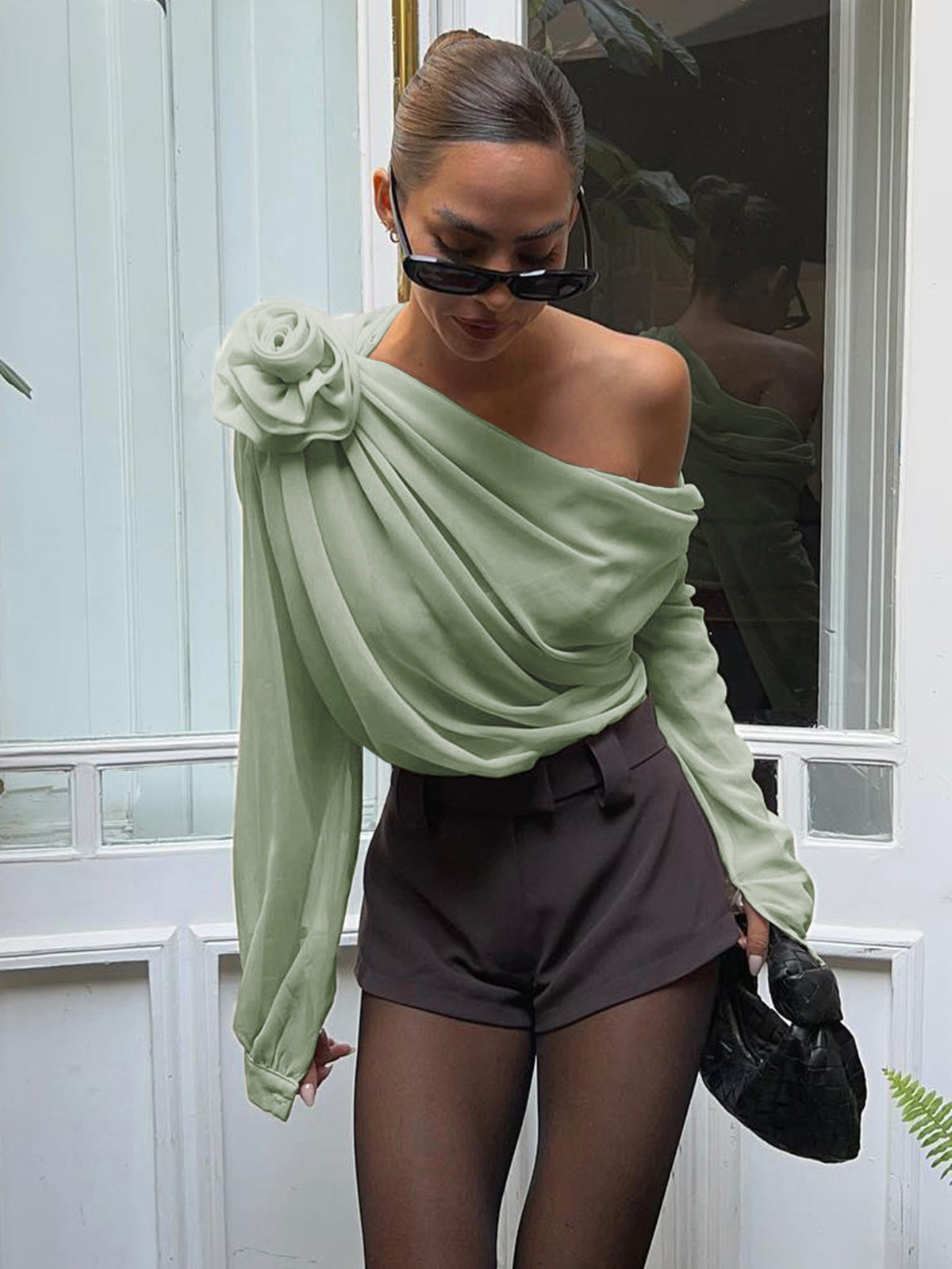 Blouse En Chiffon Semitransparente À Une Épaule Asymétrique Manches Longues Pour Vacances