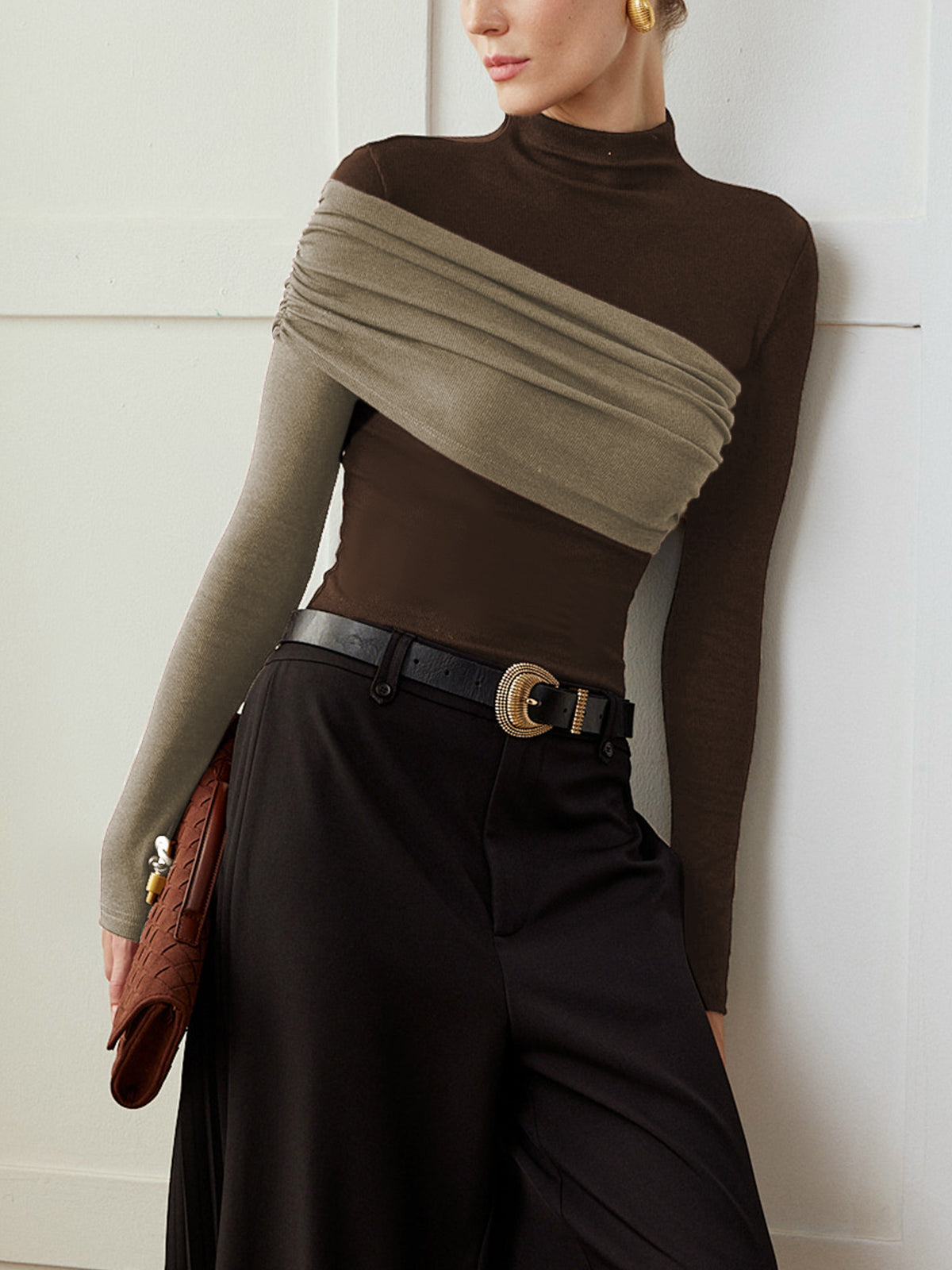 Haut Jersey Plissé Color Block Slim Col Montant Manches Longues Casual Élégant Pour Loisir Et Maison Confort