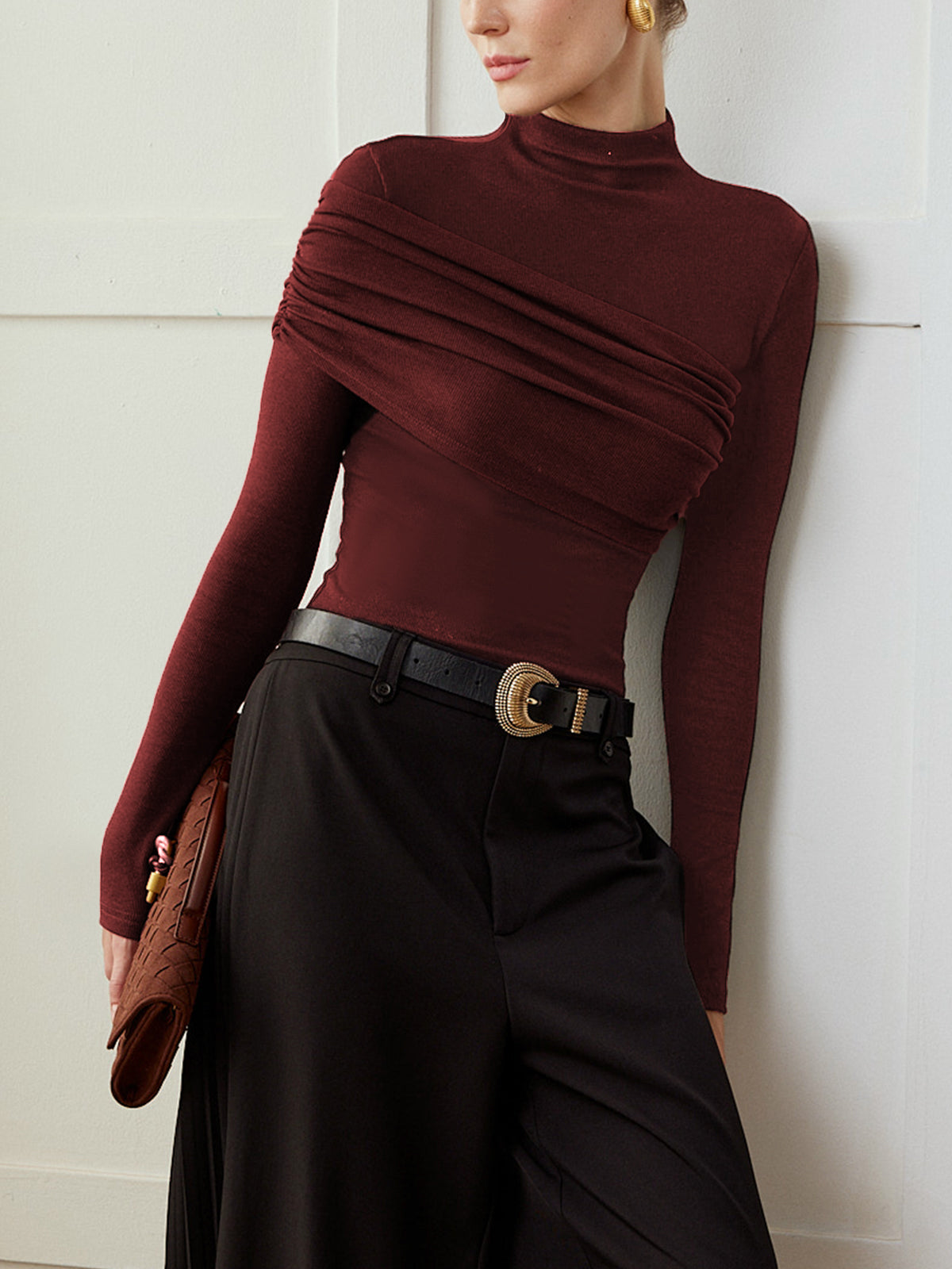 Haut Jersey Plissé Color Block Slim Col Montant Manches Longues Casual Élégant Pour Loisir Et Maison Confort