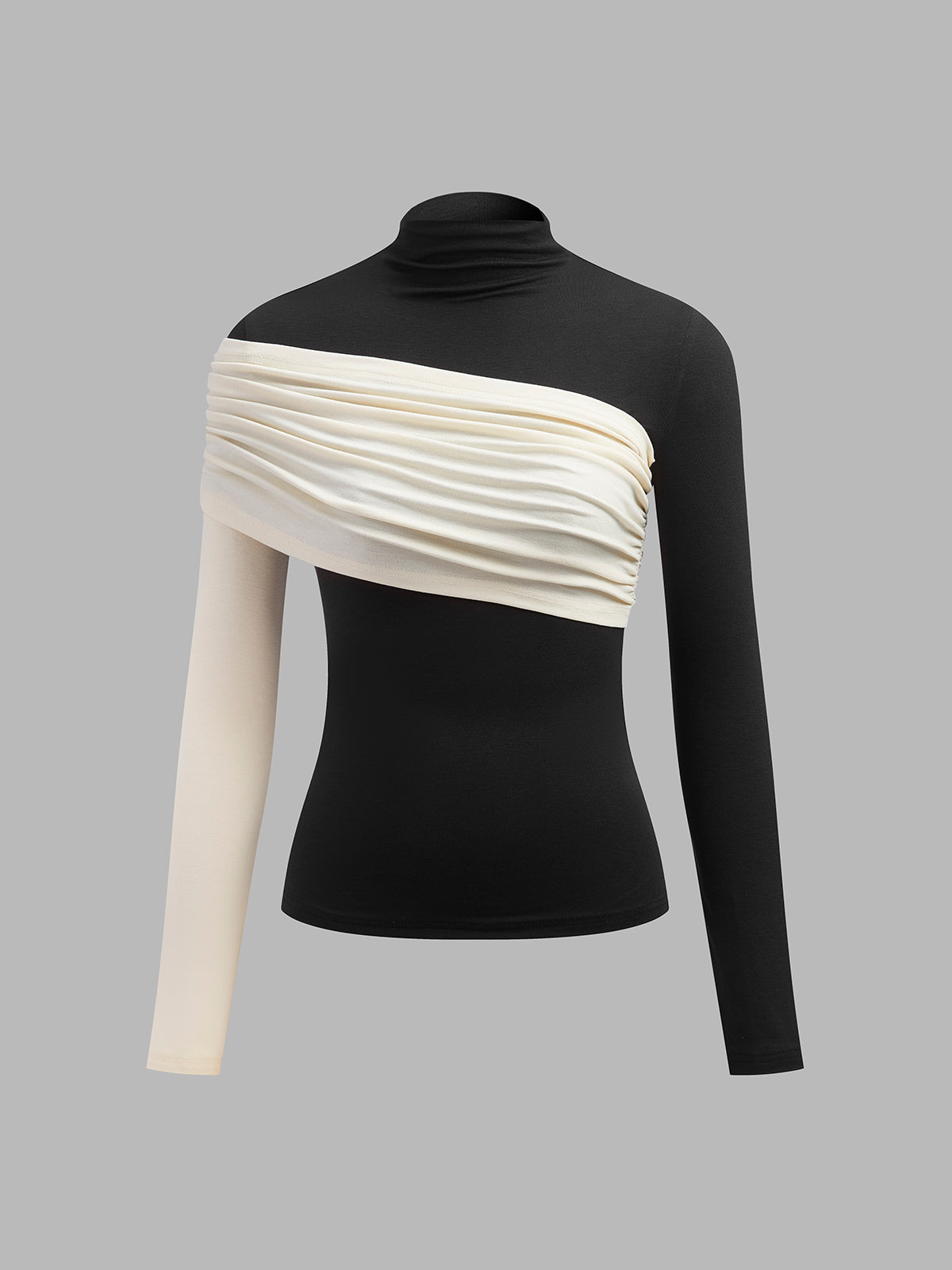 Haut Jersey Plissé Color Block Slim Col Montant Manches Longues Casual Élégant Pour Loisir Et Maison Confort
