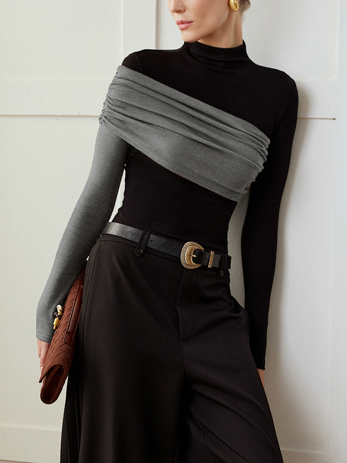 Haut Jersey Plissé Color Block Slim Col Montant Manches Longues Casual Élégant Pour Loisir Et Maison Confort