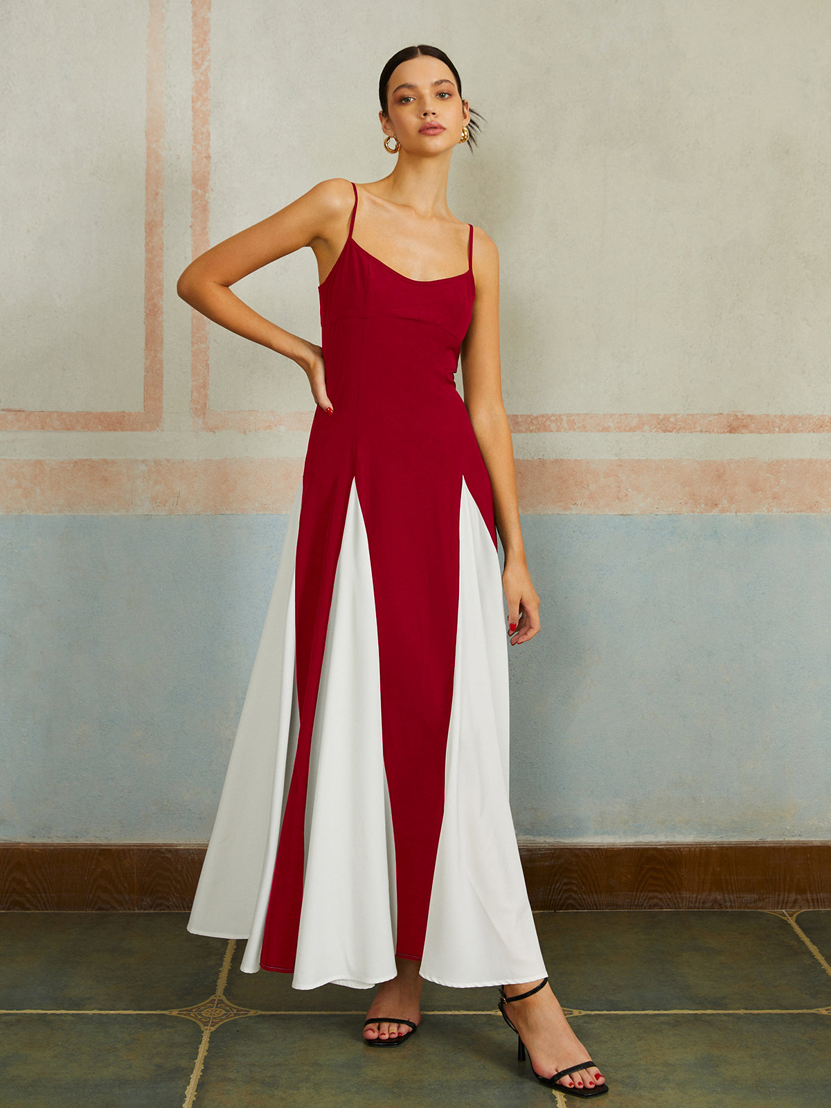 Robe Longue Color Block À Bretelles Spaghetti Pour Vacances et Bureau Polyvalente Élégante