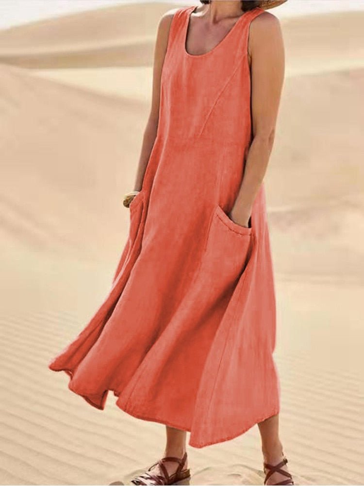 Robe Sans Manches Femme Midi Ample Respirante Mélange Coton Lin Avec Poches Latérales