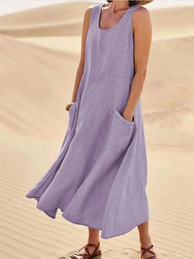 Robe Sans Manches Femme Midi Ample Respirante Mélange Coton Lin Avec Poches Latérales