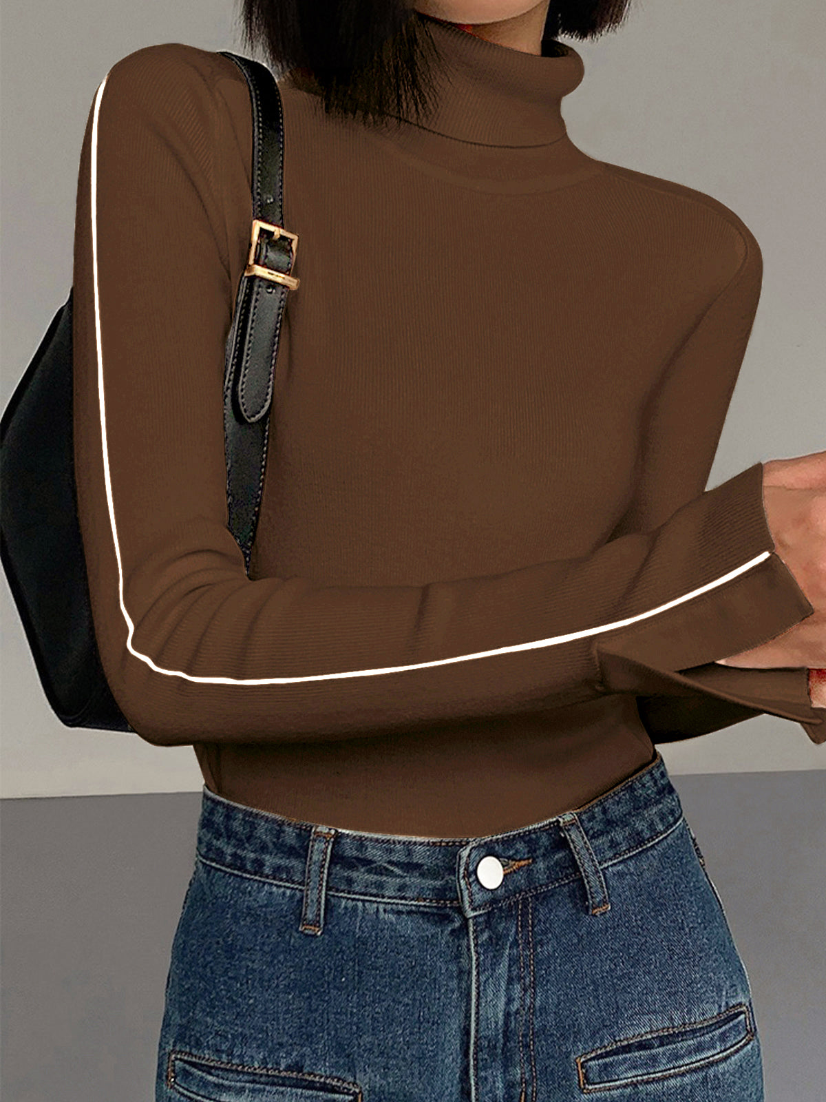 Pull Col Roulé Avec Galon Contrasté En Acrylique Et Laine Design Casual Élégant Pour Travail Et Loisirs