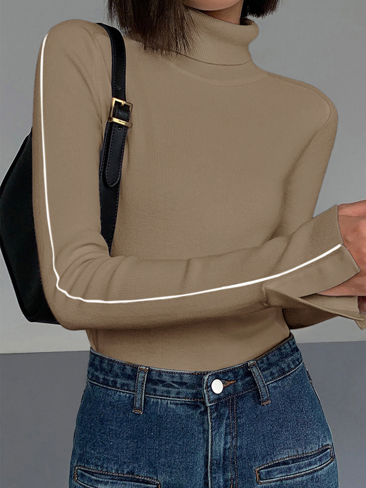 Pull Col Roulé Avec Galon Contrasté En Acrylique Et Laine Design Casual Élégant Pour Travail Et Loisirs