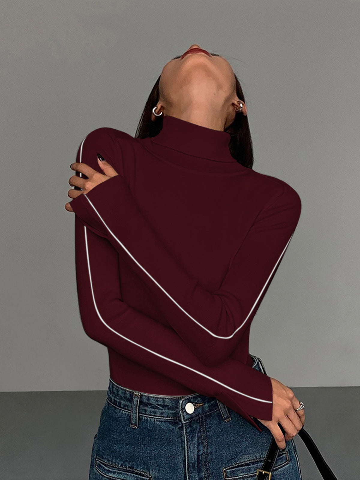 Pull Col Roulé Avec Galon Contrasté En Acrylique Et Laine Design Casual Élégant Pour Travail Et Loisirs