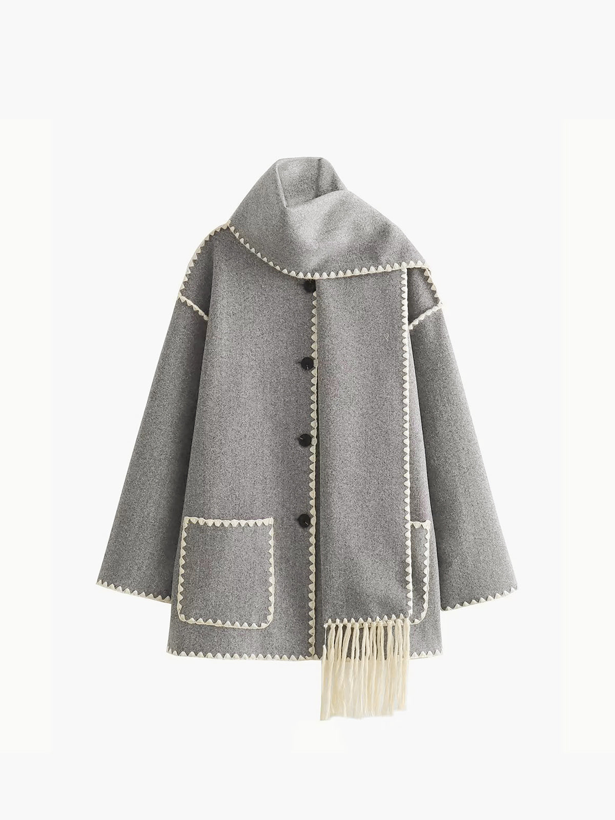 Veste À Bordures Contrastées Avec Écharpe Assortie Pour Femme Manches Longues Tissu Mélangé Polyester Rayon