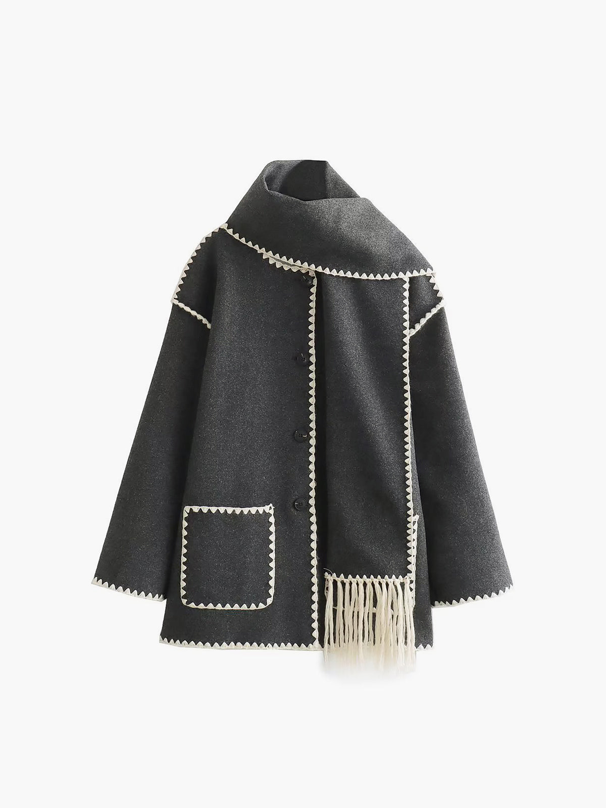 Veste À Bordures Contrastées Avec Écharpe Assortie Pour Femme Manches Longues Tissu Mélangé Polyester Rayon