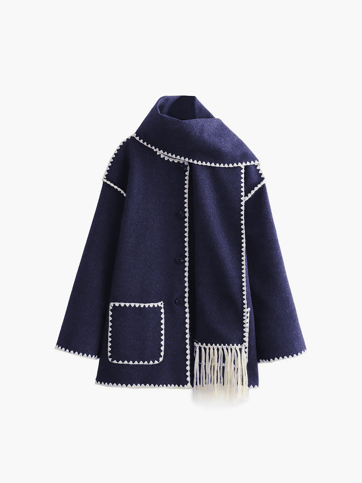 Veste À Bordures Contrastées Avec Écharpe Assortie Pour Femme Manches Longues Tissu Mélangé Polyester Rayon