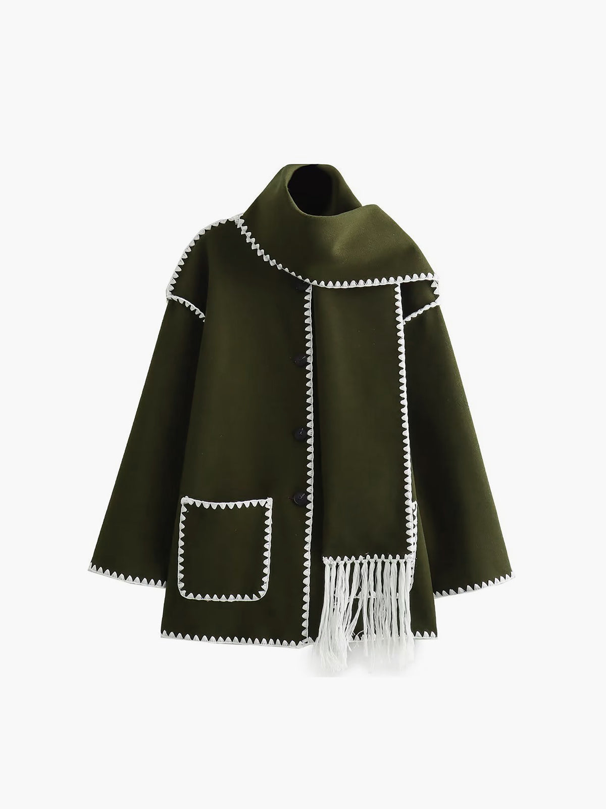 Veste À Bordures Contrastées Avec Écharpe Assortie Pour Femme Manches Longues Tissu Mélangé Polyester Rayon
