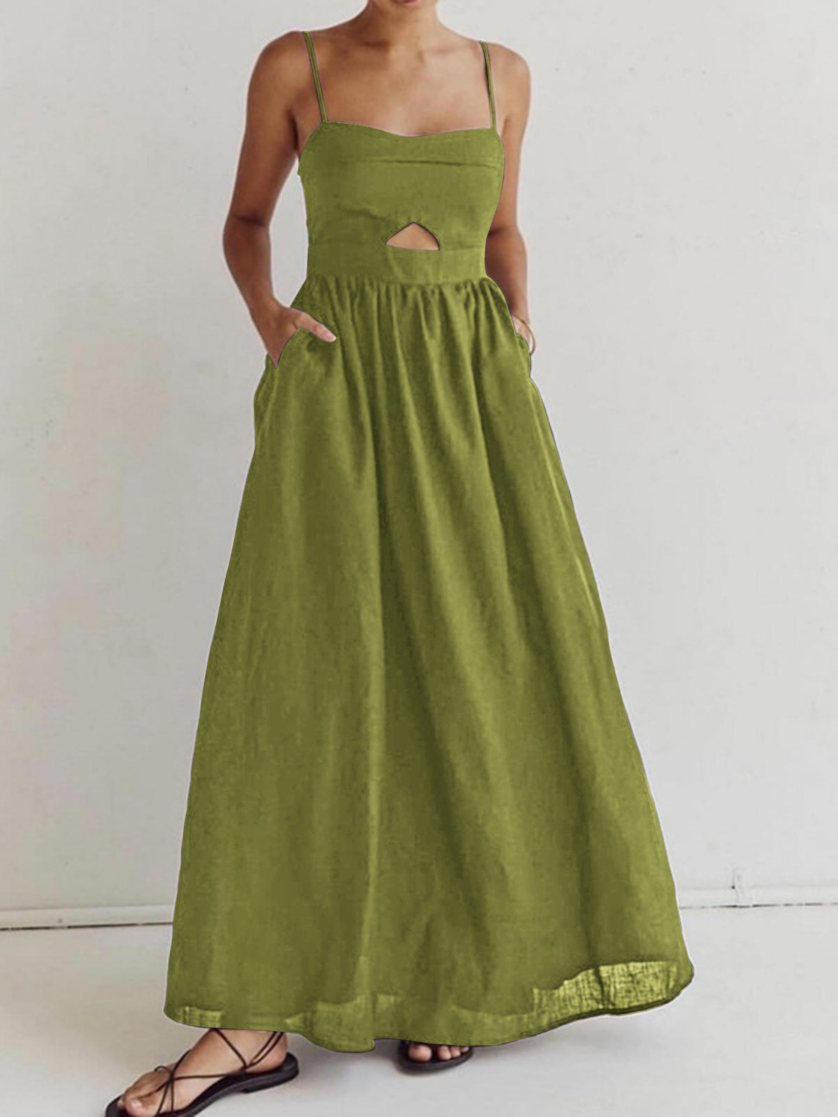 Robe Longue En Coton Sans Manches Avec Poches Et Découpe Estivale Confort Léger Et Look Décontracté Amawinc
