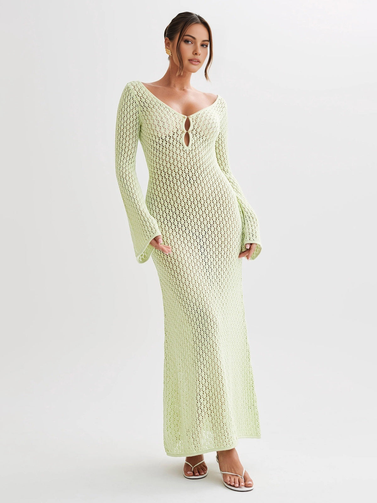 Robe Longue À Manches Longues Avec Dos Ouvert En Maille Maxi Pour Vacances Et Détente