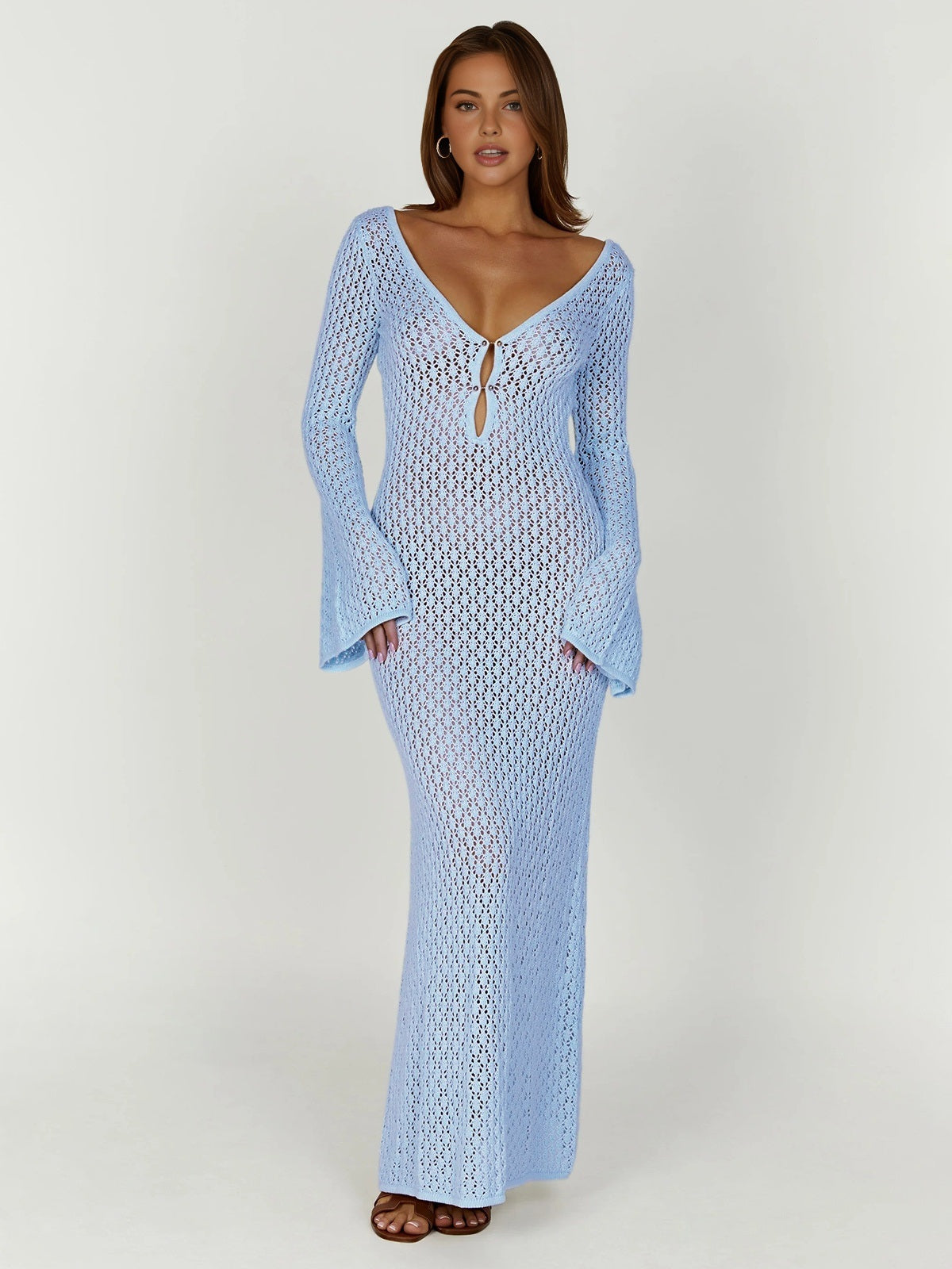 Robe Longue À Manches Longues Avec Dos Ouvert En Maille Maxi Pour Vacances Et Détente